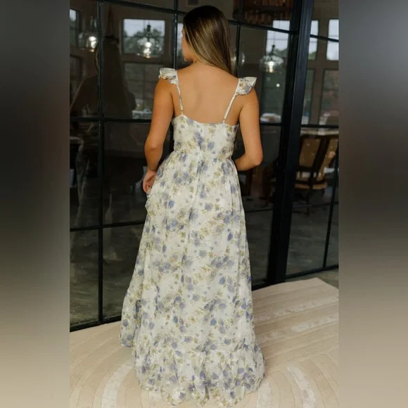SOLD NWT BLUE AND WHITE FLORAL MAXI RUFFLE DRESS WITH SLIT - FORMAL DRESS - Picture 9 of 15
